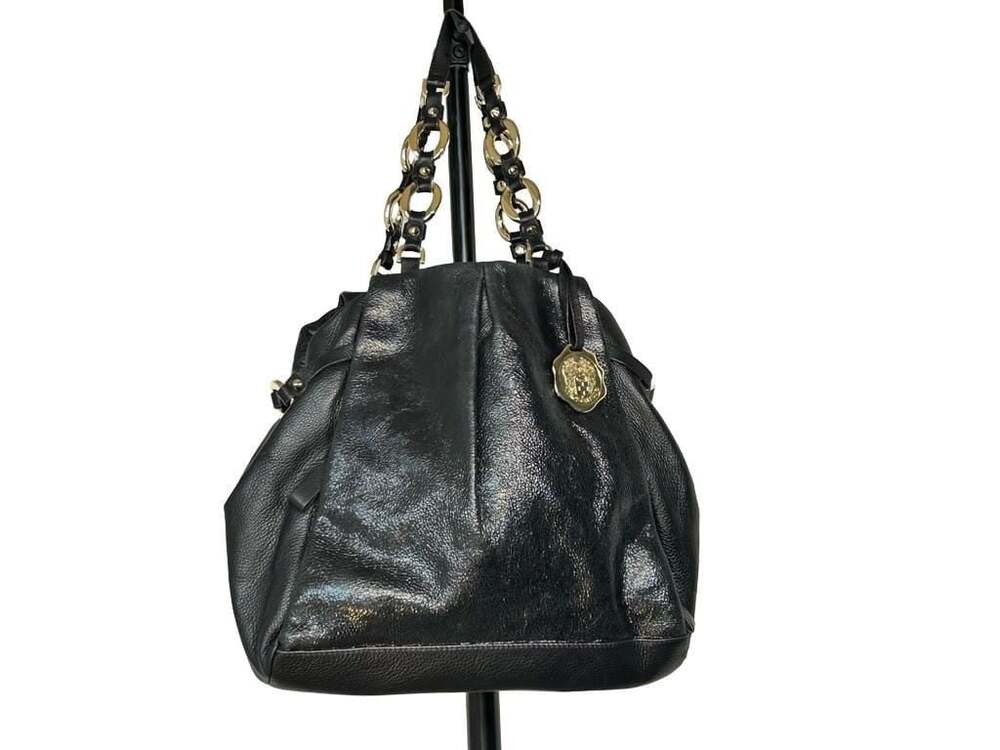 Vince Camuto Black Pebbled Leather Hobo Shoulder Bag with Gold-Tone Chain Link D